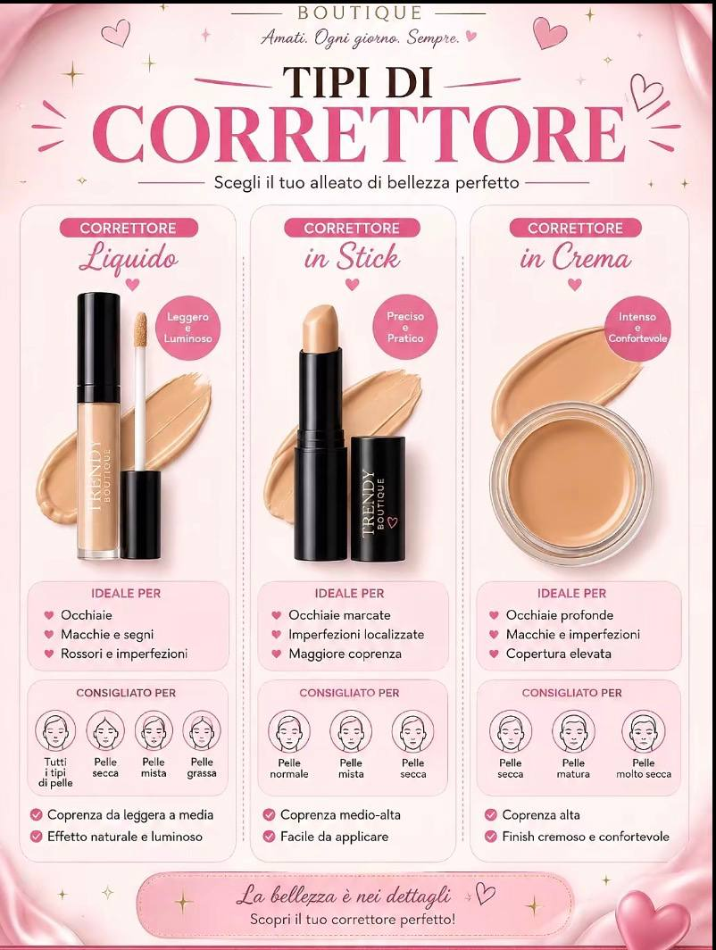 Tipi di correttore: confronto tra liquido, stick e crema nella guida di Trendy Shop Boutique