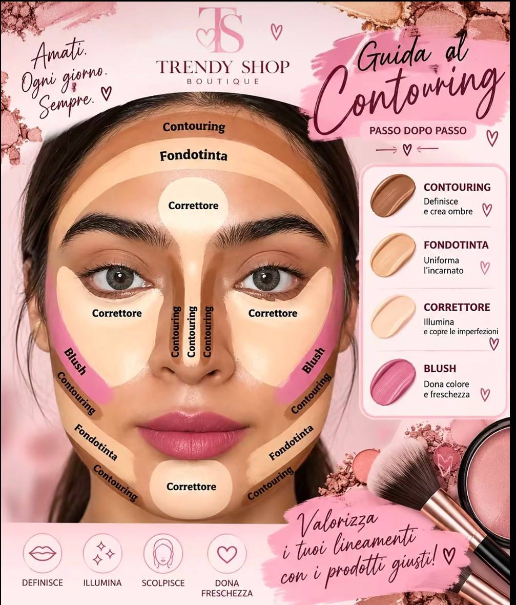 Guida al contouring di Trendy Shop Boutique: zone di applicazione di fondotinta, correttore, contouring e blush