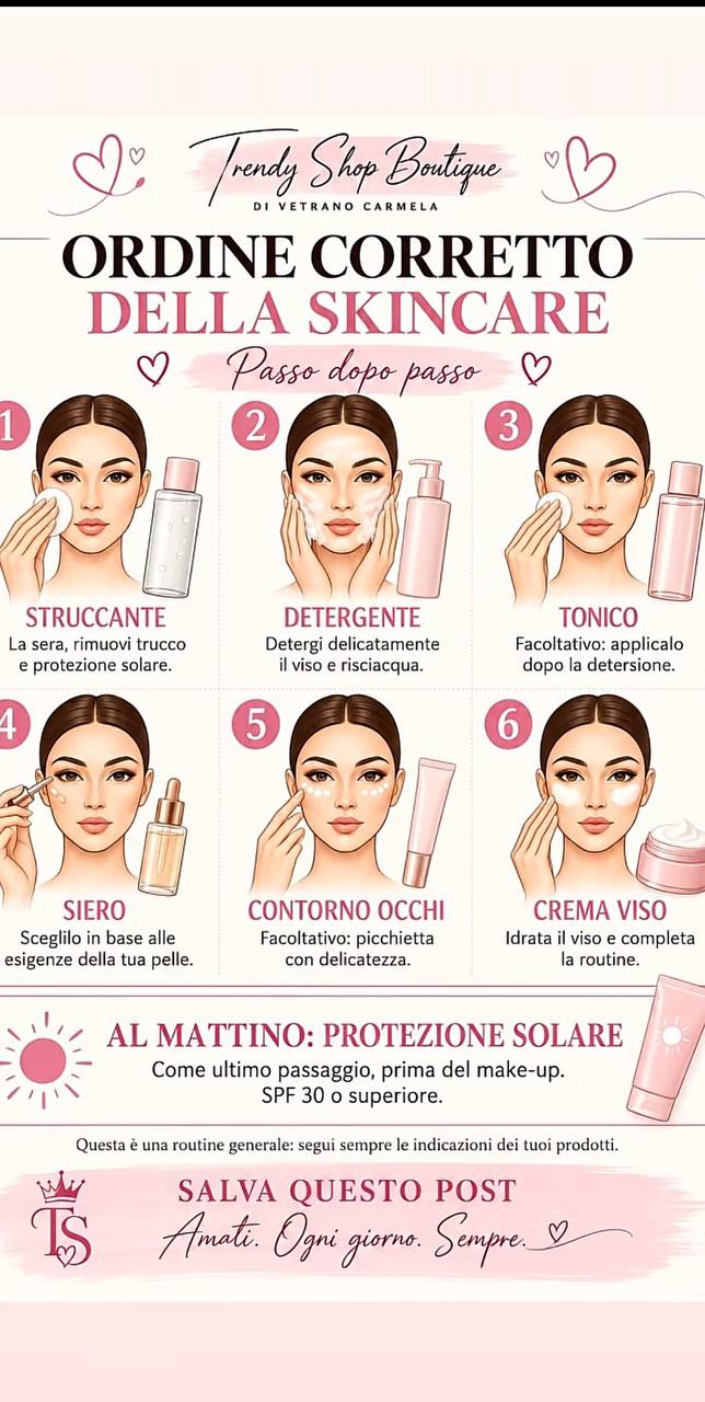 Ordine corretto della skincare: struccante, detergente, tonico, siero, contorno occhi, crema viso e protezione solare al mattino