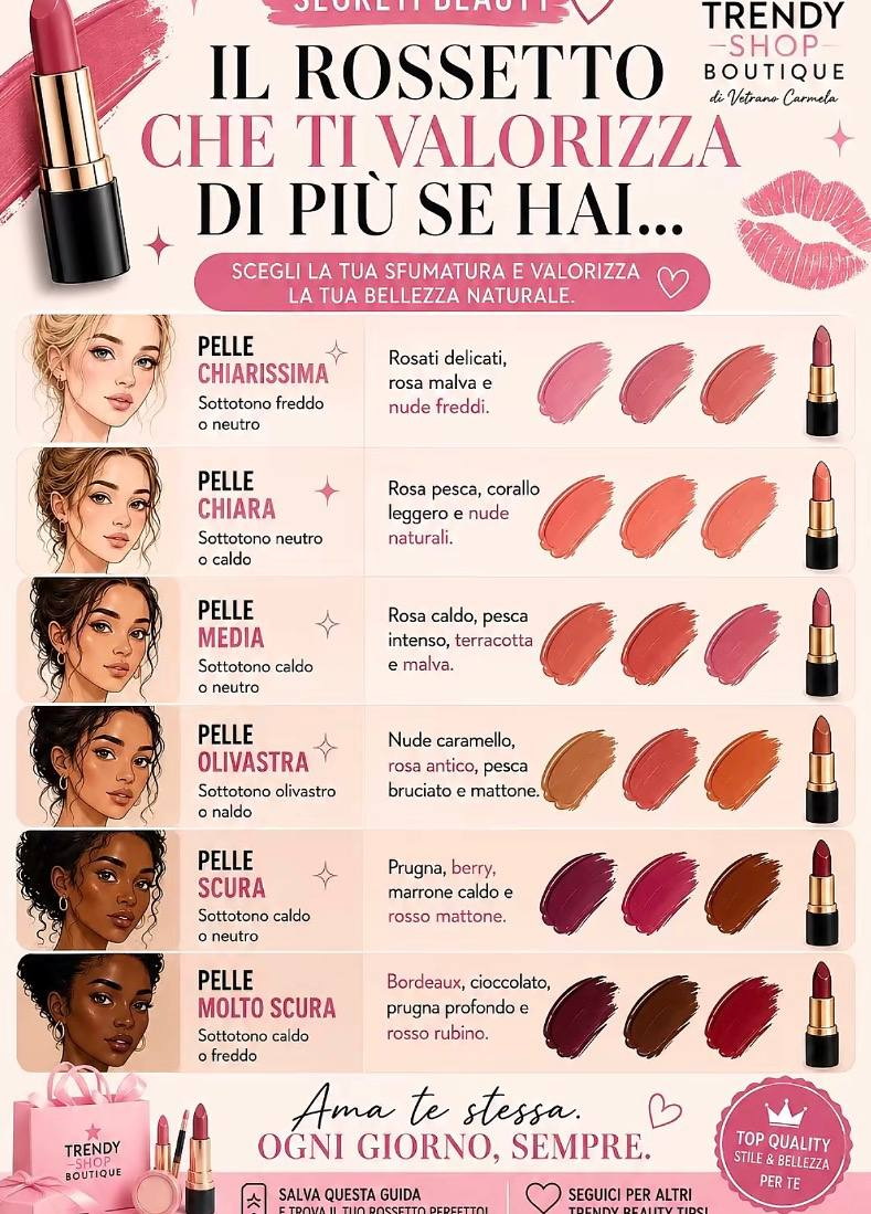 Guida alle sfumature di rossetto per diversi incarnati, dalla pelle chiarissima alla pelle molto scura