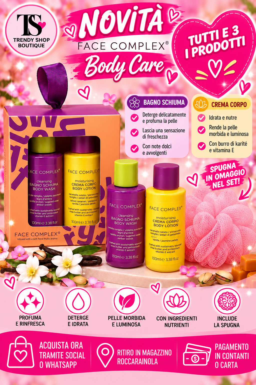 Face Complex Body Care – Cofanetto Regalo Corpo con Bagnoschiuma 100 ml, Crema Corpo 100 ml e Spugna Omaggio