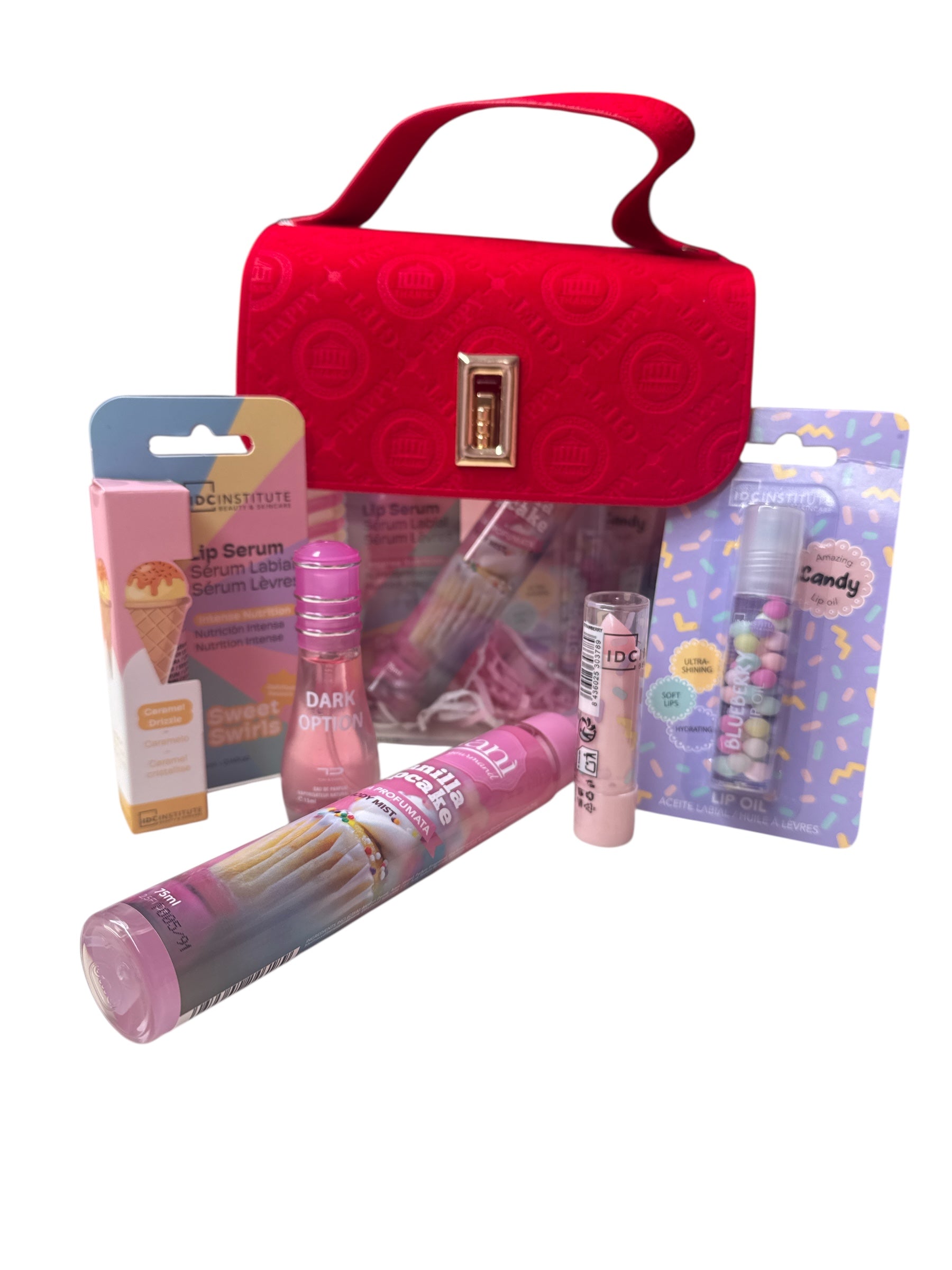 Borsa porta oggetti con 5 prodotti all interno tra acqua profumata Lip oil balsamo labbra siero labbra e profumo di 15 ml in omaggio