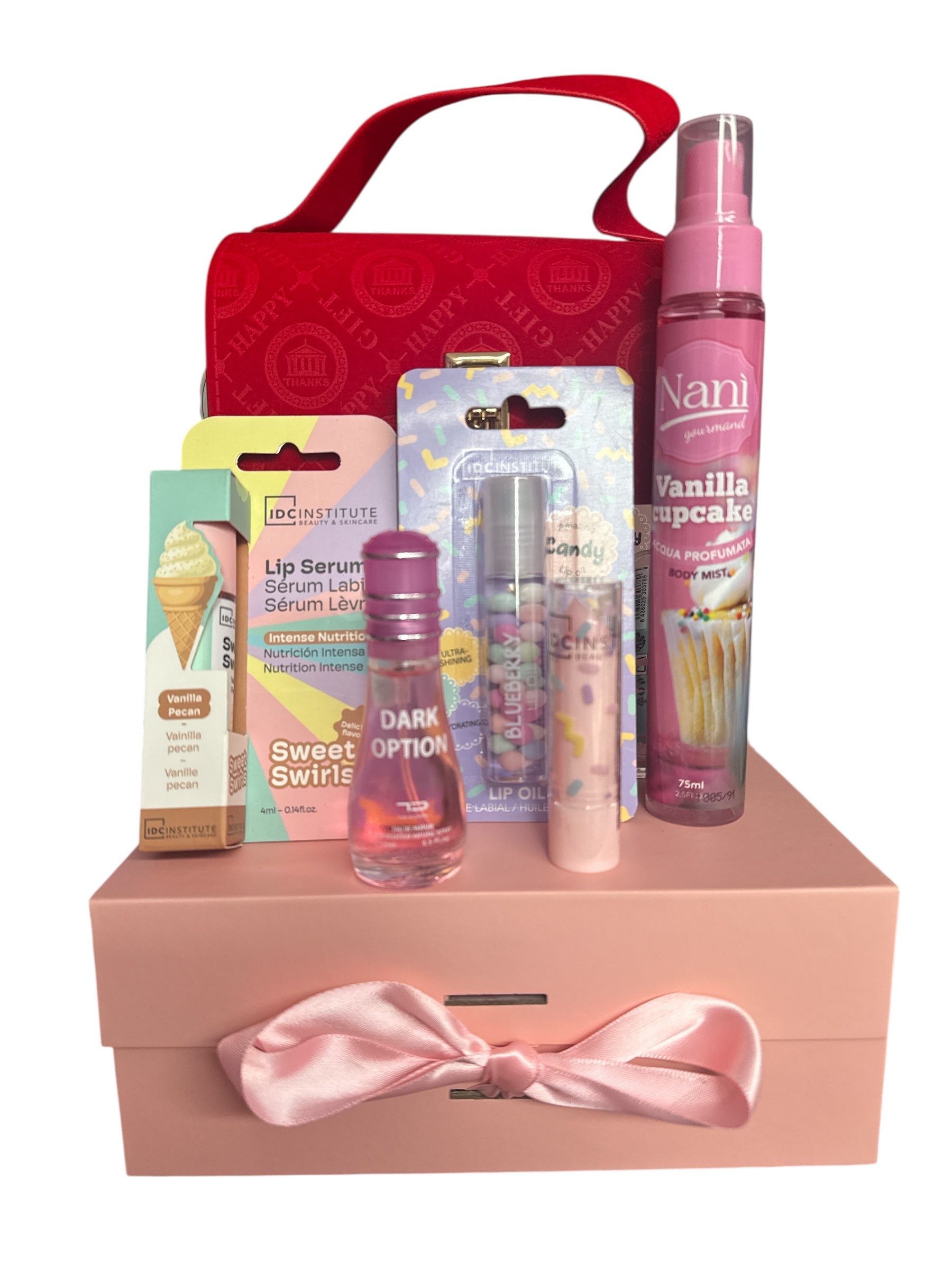 Borsa porta oggetti con 5 prodotti all interno tra acqua profumata Lip oil balsamo labbra siero labbra e profumo di 15 ml in omaggio