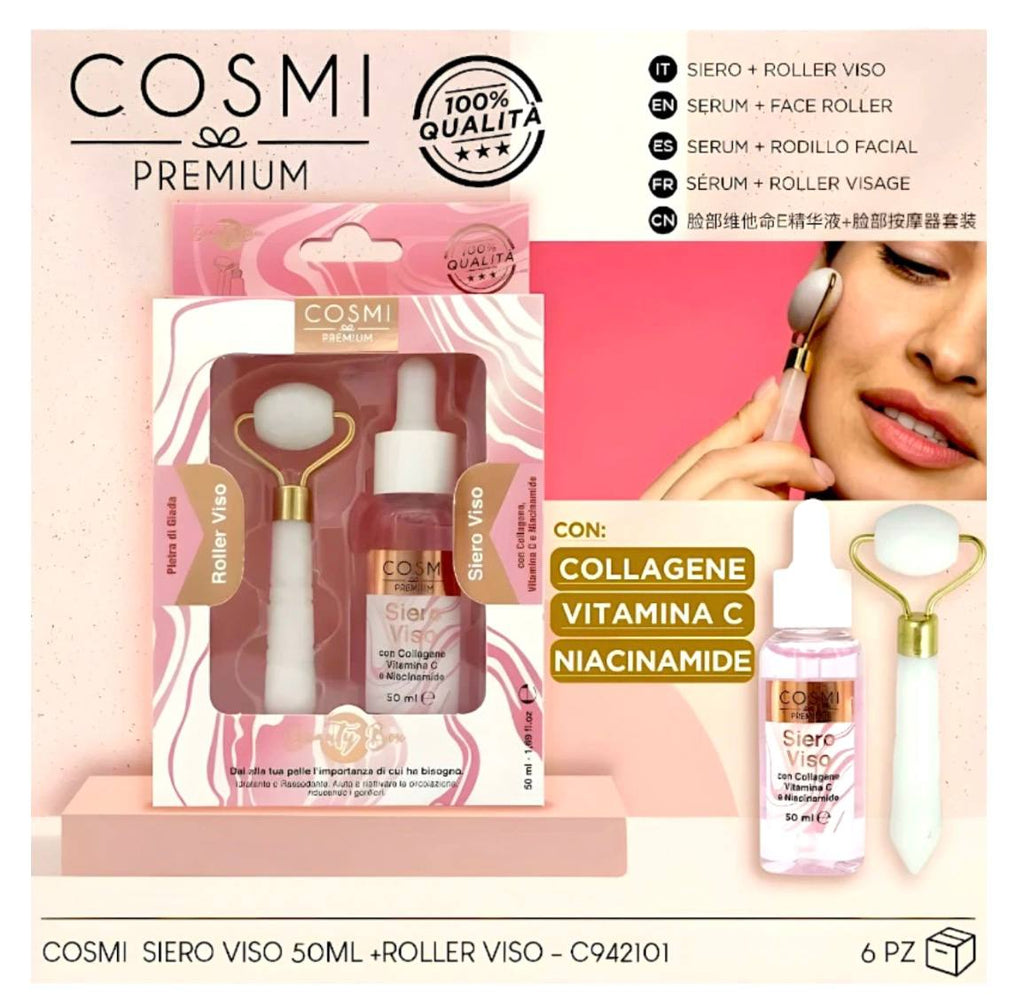 kit per la cura della pelle di cosmi premium composto da un siero viso e un rullo viso