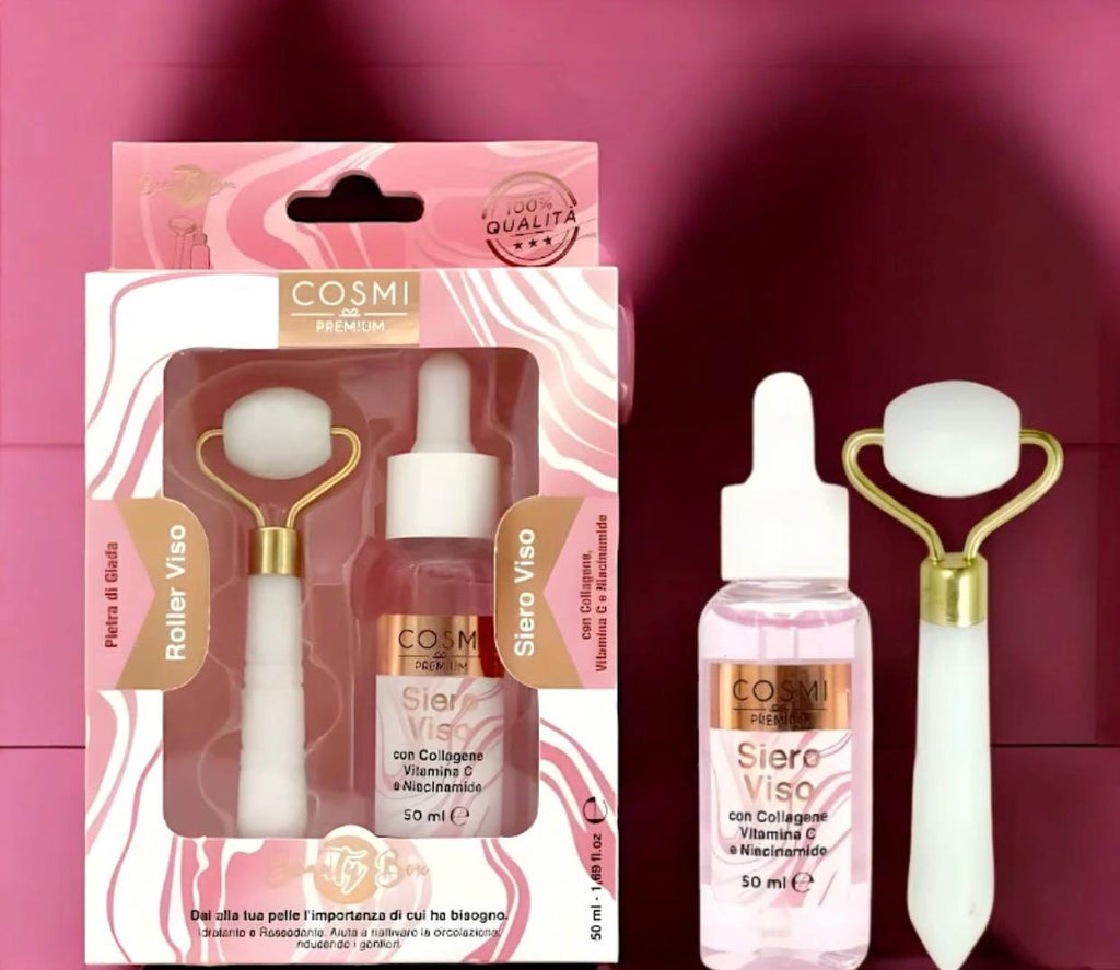 kit per la cura della pelle di cosmi premium composto da un siero viso e un rullo viso