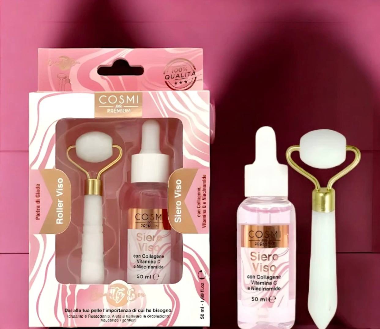 kit per la cura della pelle di cosmi premium composto da un siero viso e un rullo viso