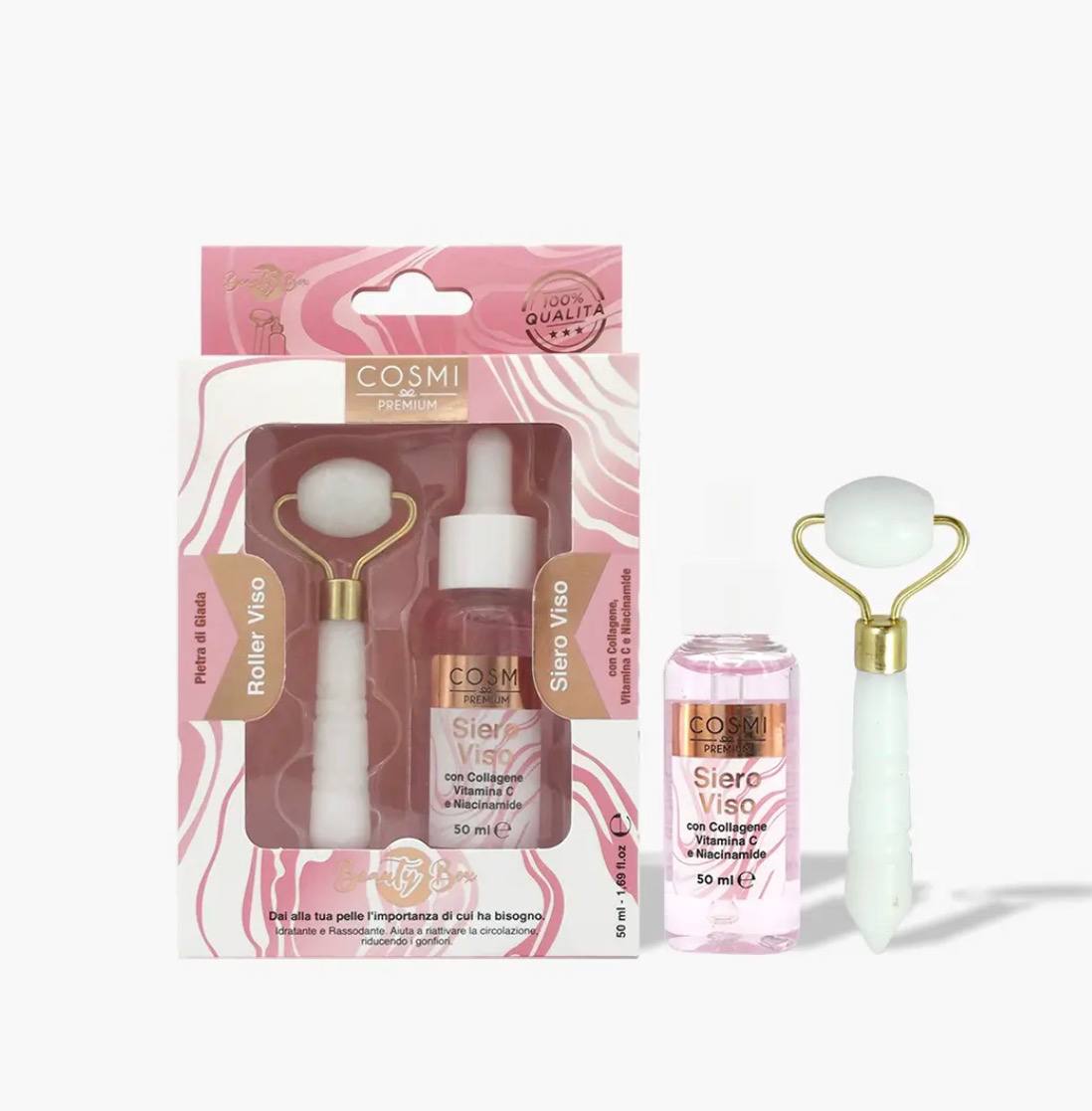kit per la cura della pelle di cosmi premium composto da un siero viso e un rullo viso