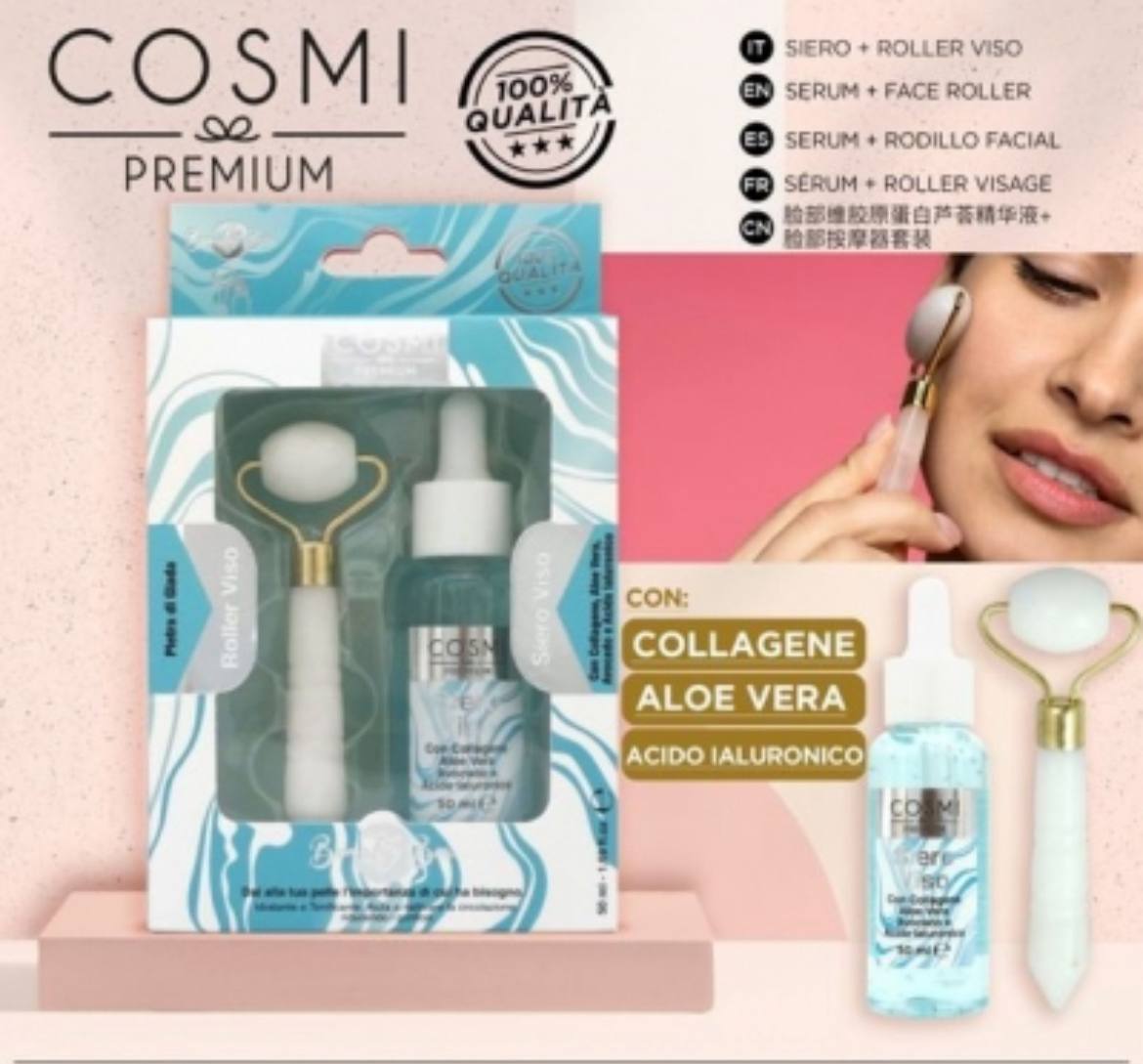 kit per la cura della pelle di cosmi premium composto da un siero viso e un rullo viso