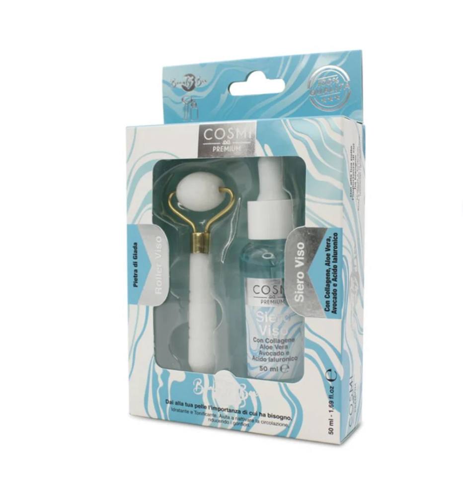 kit per la cura della pelle di cosmi premium composto da un siero viso e un rullo viso
