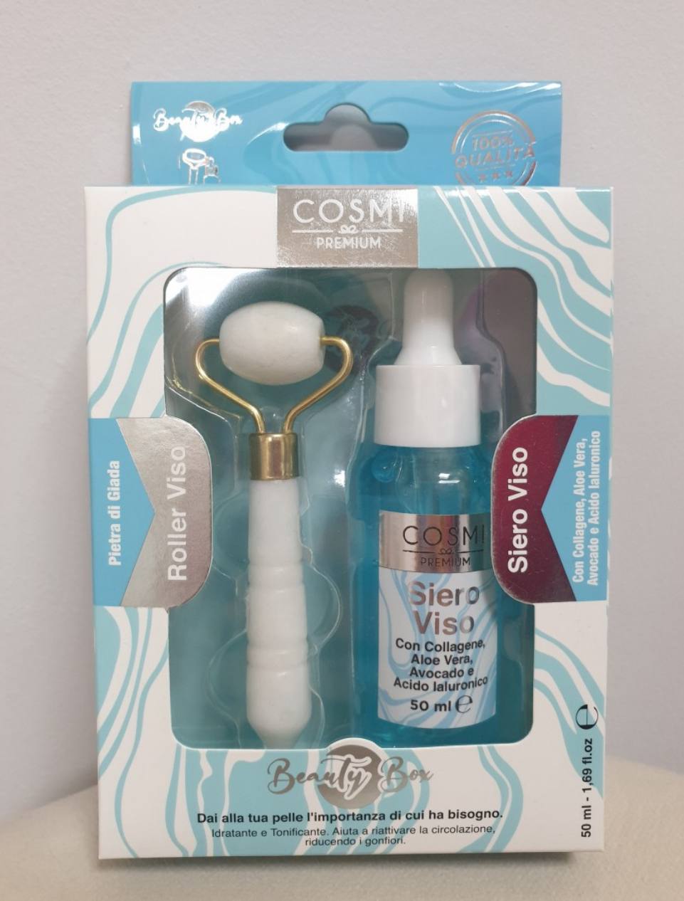 kit per la cura della pelle di cosmi premium composto da un siero viso e un rullo viso