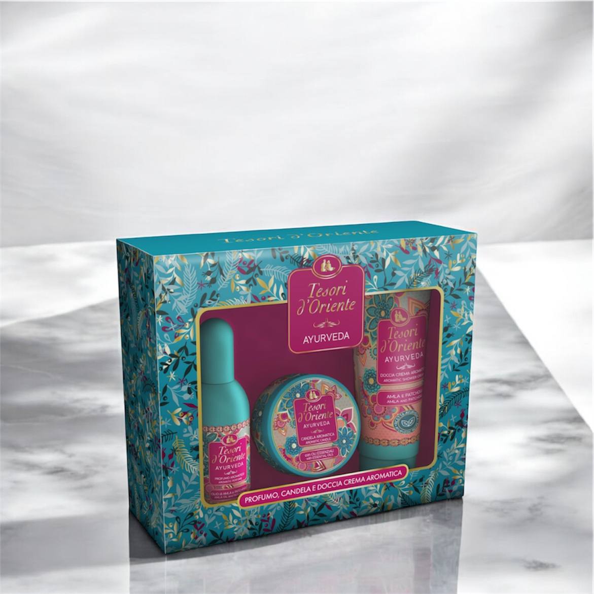 Tesori d'Oriente - Set Regalo, Doccia 250 ml, Profumo Aromatico 100 ml e Candela Profumata 109 gr, Confezione Regalo