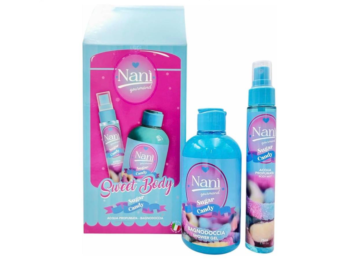 nanì gourmand cofanetti regalo di prodotti per il corpo,il set include un'acqua profumata da 75ml e un bagnoschiuma da 300ml