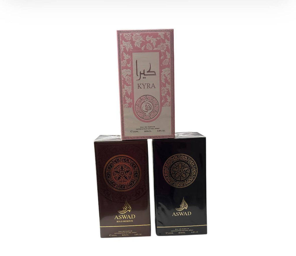 set 3 profumi arabi da 100ml il set comprende 1 profumo kyra pink-1 profumo aswad-1 profumo aswad bold