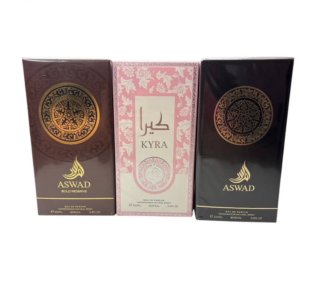 set 3 profumi arabi da 100ml il set comprende 1 profumo kyra pink-1 profumo aswad-1 profumo aswad bold