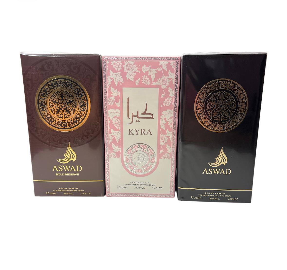 set 3 profumi arabi da 100ml il set comprende 1 profumo kyra pink-1 profumo aswad-1 profumo aswad bold