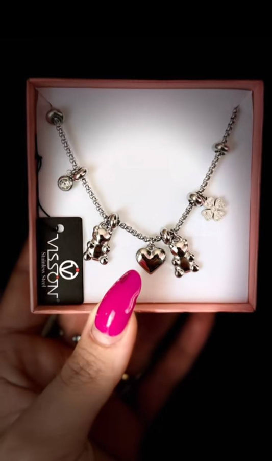 COLLANA VISON ACCIAIO INOX CON ORSETTI E CUORI