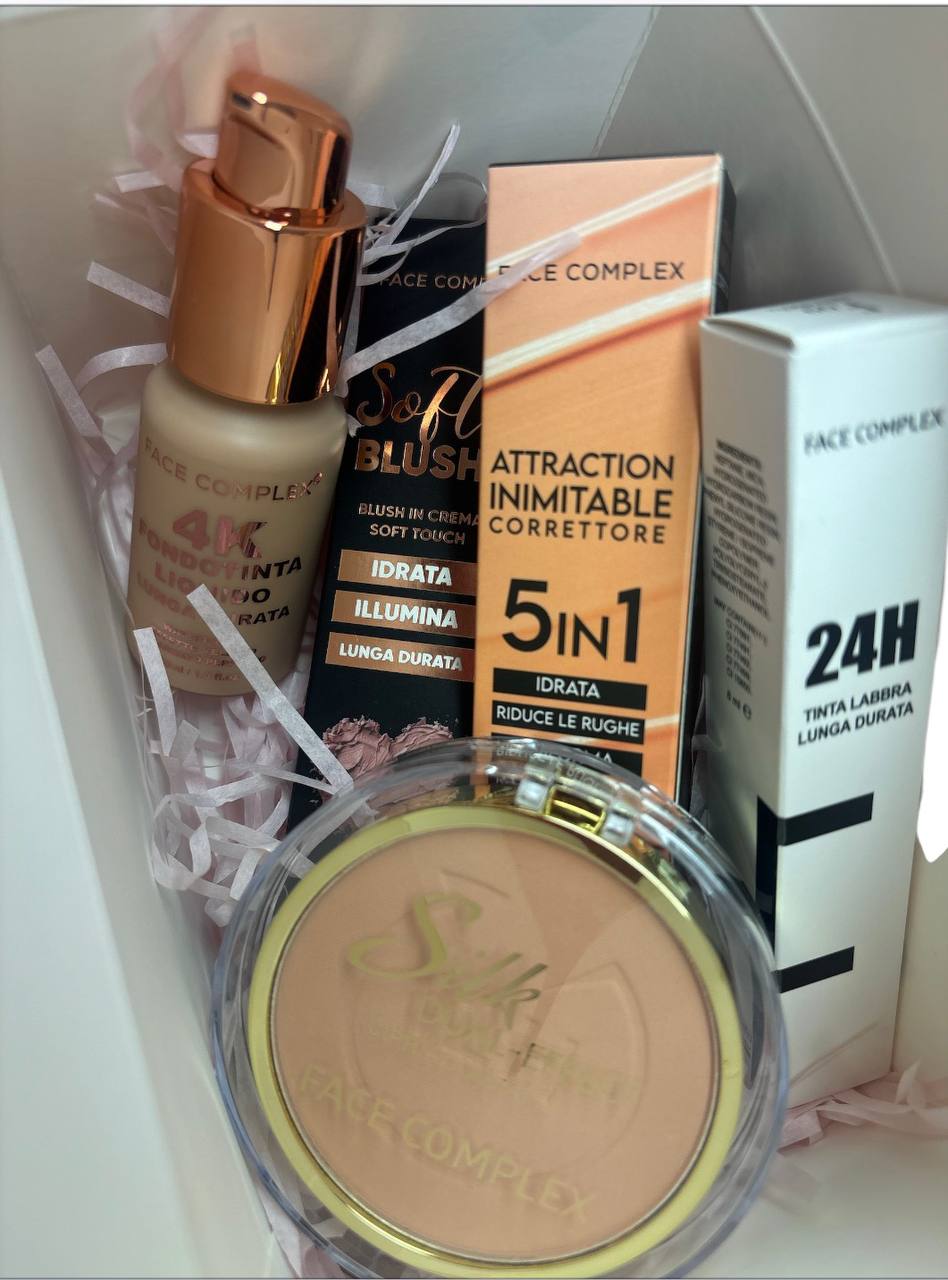 Face complex - Cofanetto rosa - comprende: correttore 5in1 - tinta labbra 24h - fondotinta liquido lunga durata 4K - soft blush in crema con applicatore cushion - cipria compatta dual effect