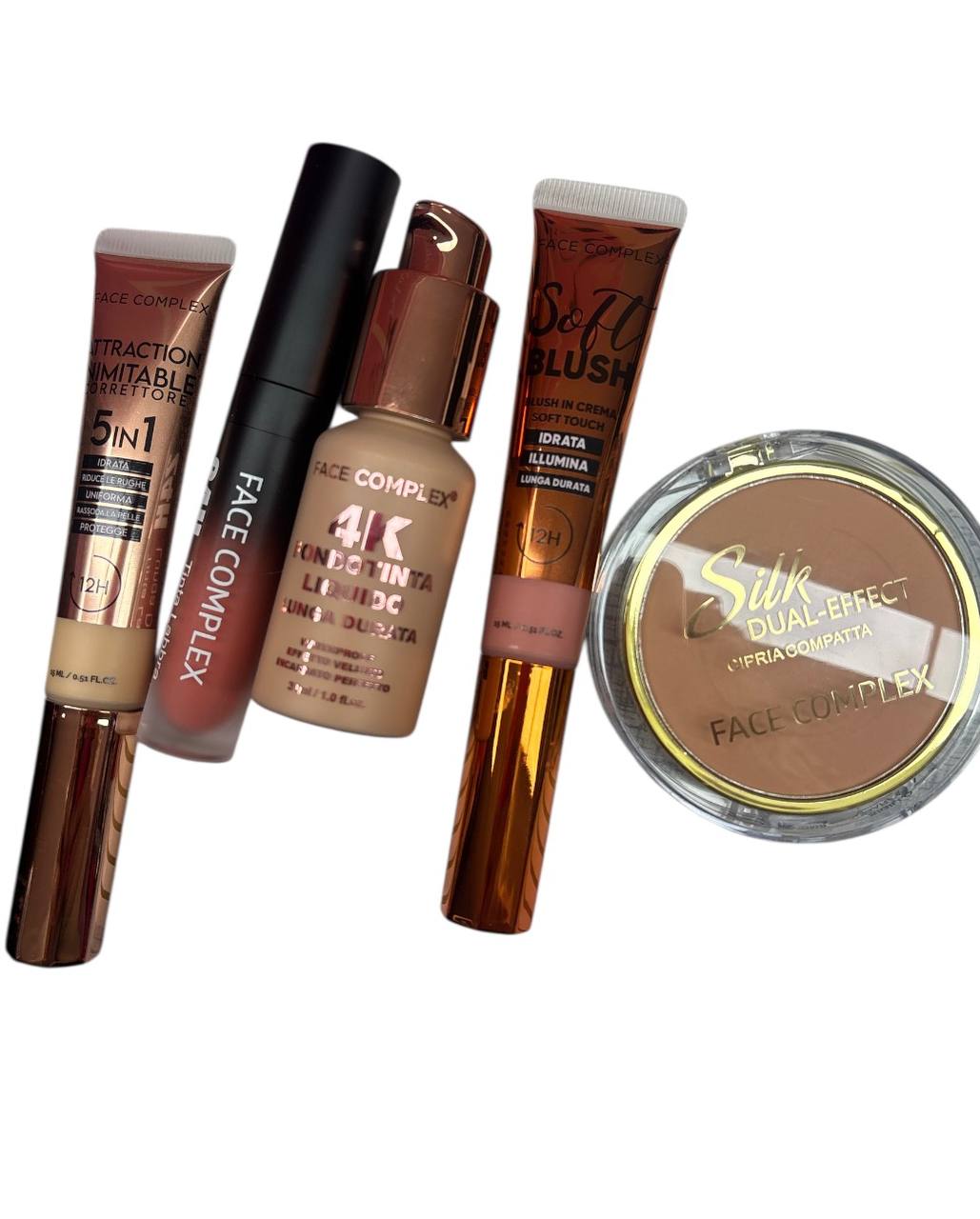 Face complex - Cofanetto rosa - comprende: correttore 5in1 - tinta labbra 24h - fondotinta liquido lunga durata 4K - soft blush in crema con applicatore cushion - cipria compatta dual effect