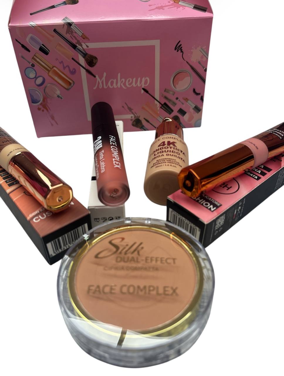 Face complex - Cofanetto rosa - comprende: correttore 5in1 - tinta labbra 24h - fondotinta liquido lunga durata 4K - soft blush in crema con applicatore cushion - cipria compatta dual effect