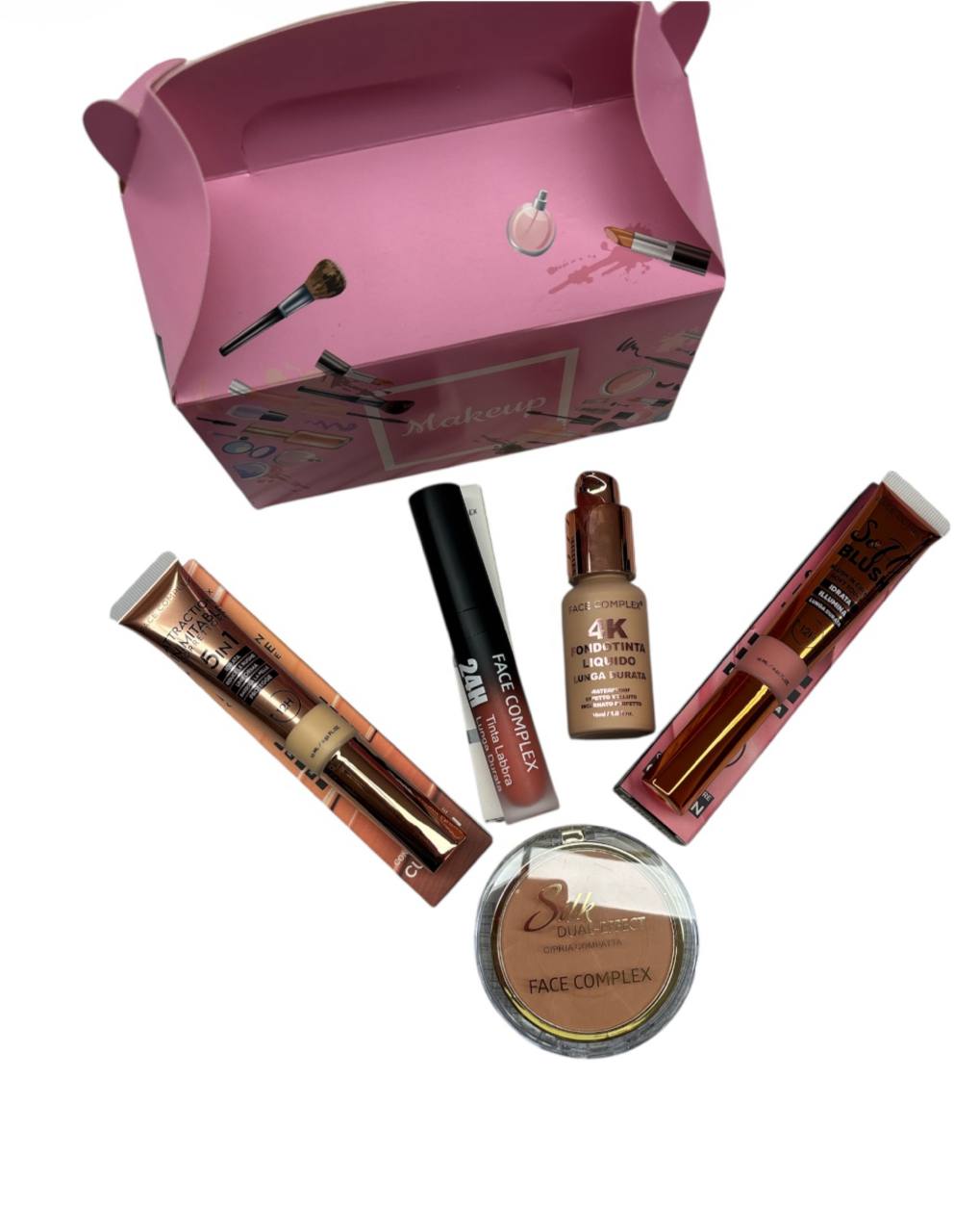 Face complex - Cofanetto rosa - comprende: correttore 5in1 - tinta labbra 24h - fondotinta liquido lunga durata 4K - soft blush in crema con applicatore cushion - cipria compatta dual effect