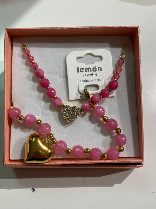 COLLANA E BRACCIALE PERLE ROSA CON CUORE