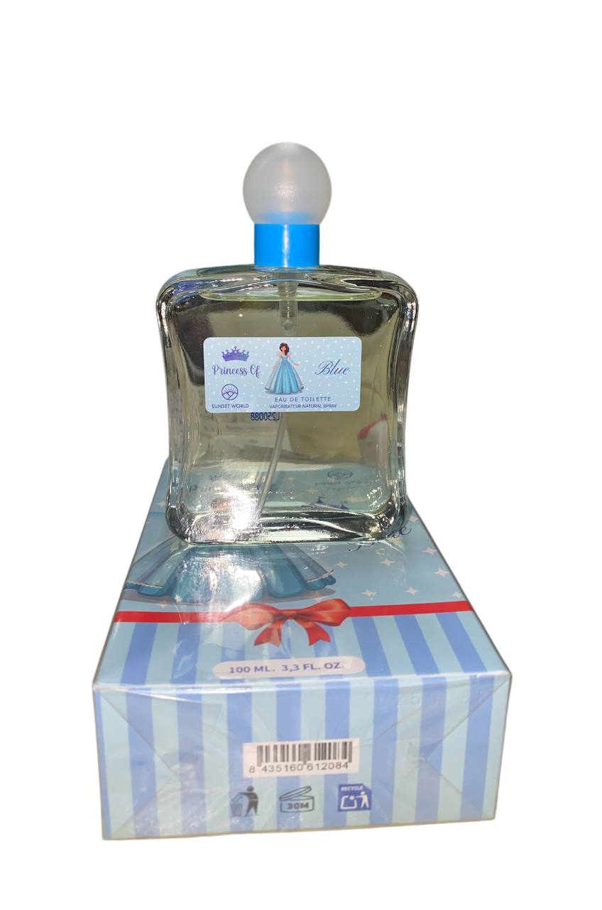 Sunset World Fragrances. PRINCSS OF BLUE profumo da 100ml con design di principessa blu e castello magico