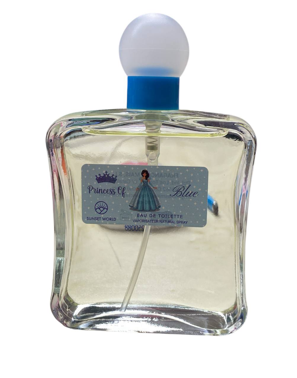 Sunset World Fragrances. PRINCSS OF BLUE profumo da 100ml con design di principessa blu e castello magico