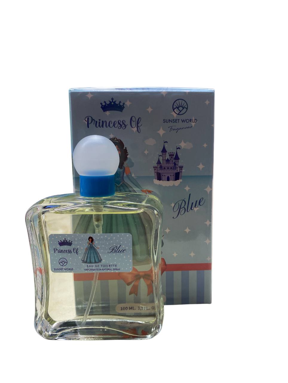 Sunset World Fragrances. PRINCSS OF BLUE profumo da 100ml con design di principessa blu e castello magico