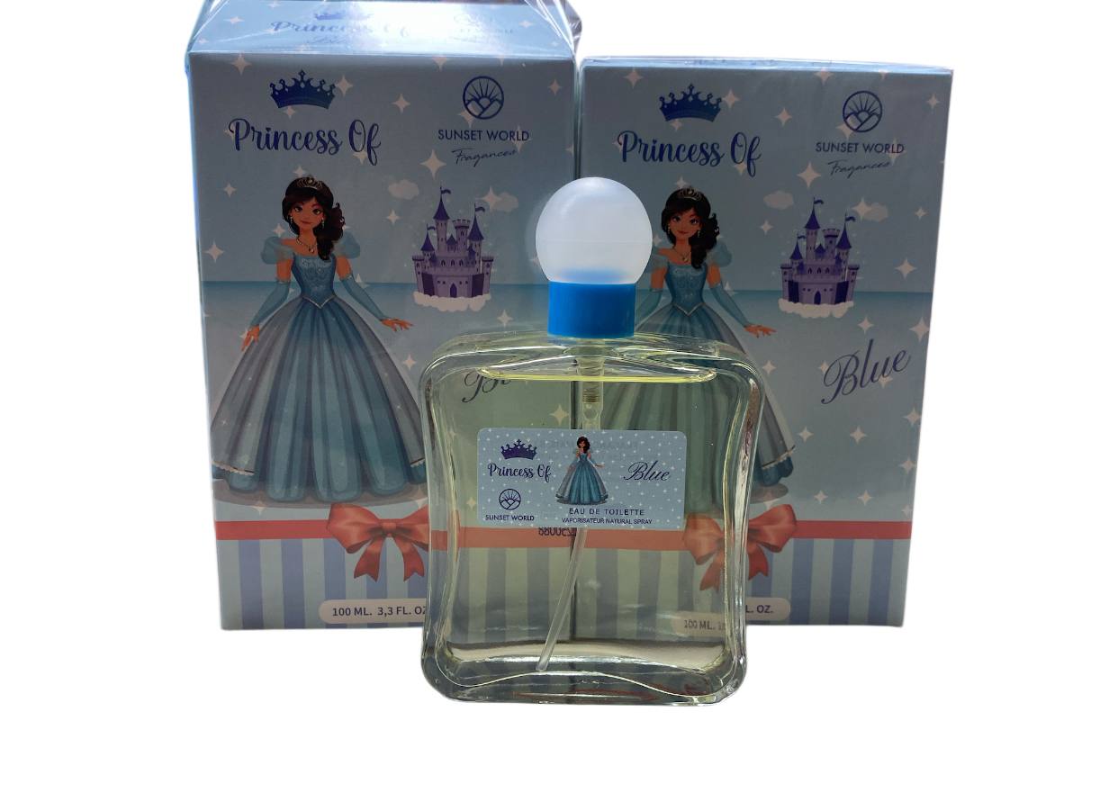 Sunset World Fragrances. PRINCSS OF BLUE profumo da 100ml con design di principessa blu e castello magico