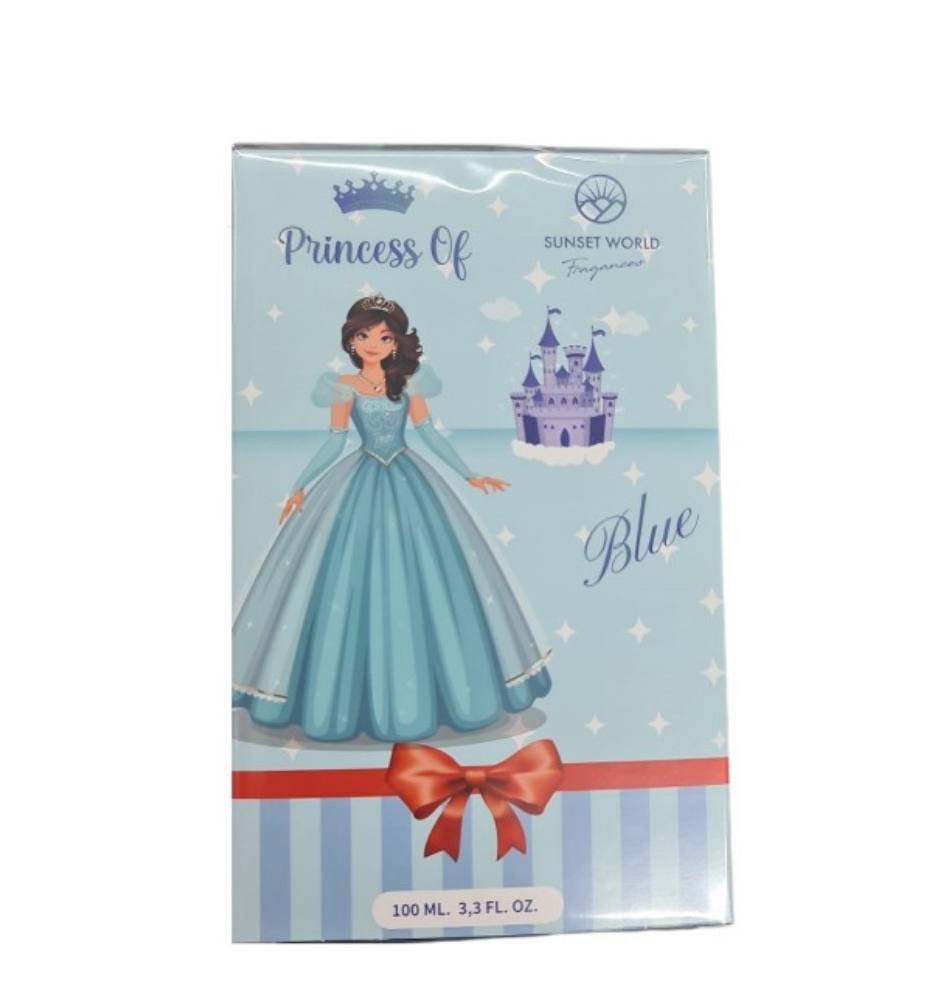 Sunset World Fragrances. PRINCSS OF BLUE profumo da 100ml con design di principessa blu e castello magico