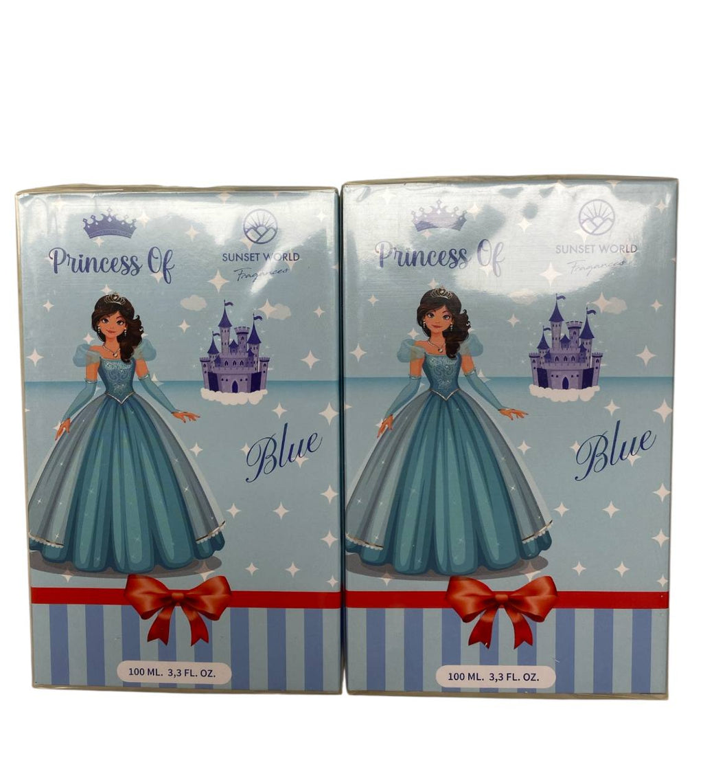Sunset World Fragrances. PRINCSS OF BLUE profumo da 100ml con design di principessa blu e castello magico