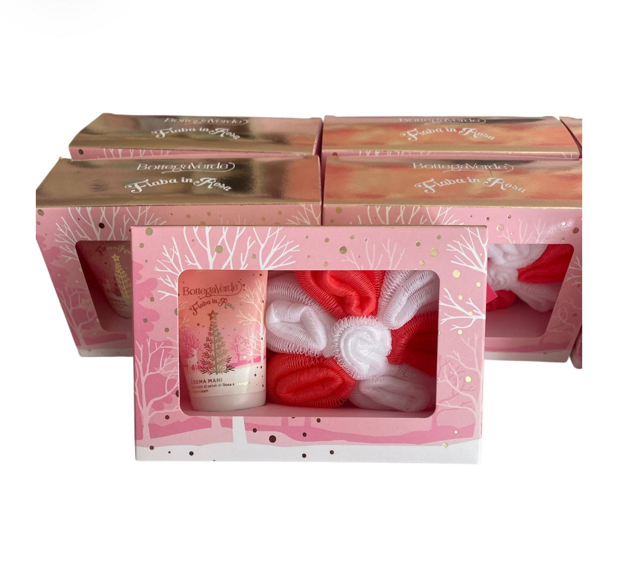 Bottega verde confezione regalo crema mani con profumazione ai petali di rosa e vaniglia + spugna in rete delicata sulla pelle, deterge e produce una ricca e morbida schiuma