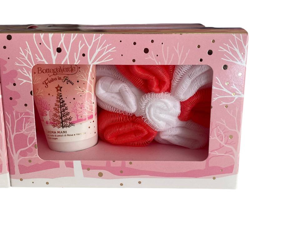 Bottega verde confezione regalo crema mani con profumazione ai petali di rosa e vaniglia + spugna in rete delicata sulla pelle, deterge e produce una ricca e morbida schiuma