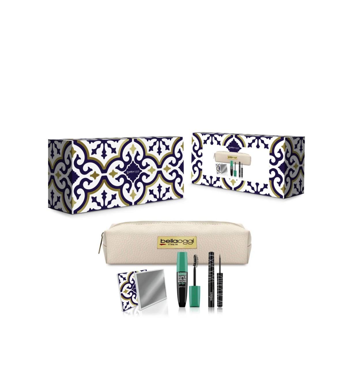 cofanetto regalo Bellaoggi "Mediterranean Frames" include i seguenti articoli: Una pochette in similpelle. Uno specchietto. Il BOMB! SUPER CURLING MASCARA volumizzante e incurvante. Un TECH LINER, un eyeliner con applicatore flessibile