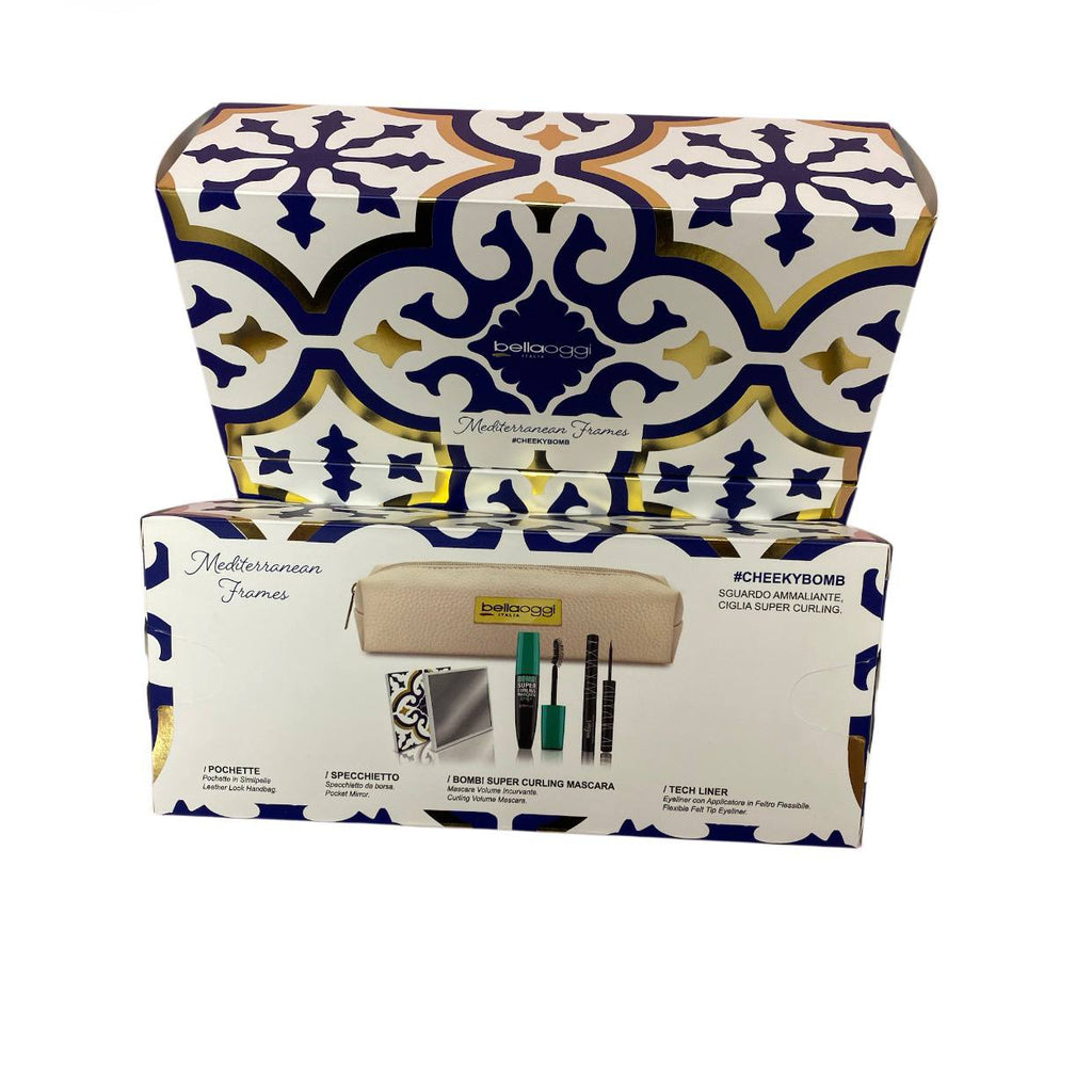 cofanetto regalo Bellaoggi "Mediterranean Frames" include i seguenti articoli: Una pochette in similpelle. Uno specchietto. Il BOMB! SUPER CURLING MASCARA volumizzante e incurvante. Un TECH LINER, un eyeliner con applicatore flessibile