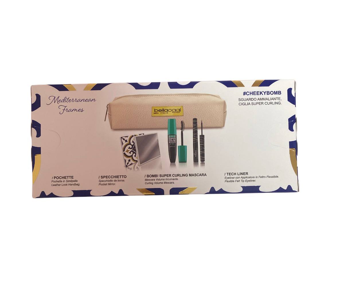 cofanetto regalo Bellaoggi "Mediterranean Frames" include i seguenti articoli: Una pochette in similpelle. Uno specchietto. Il BOMB! SUPER CURLING MASCARA volumizzante e incurvante. Un TECH LINER, un eyeliner con applicatore flessibile