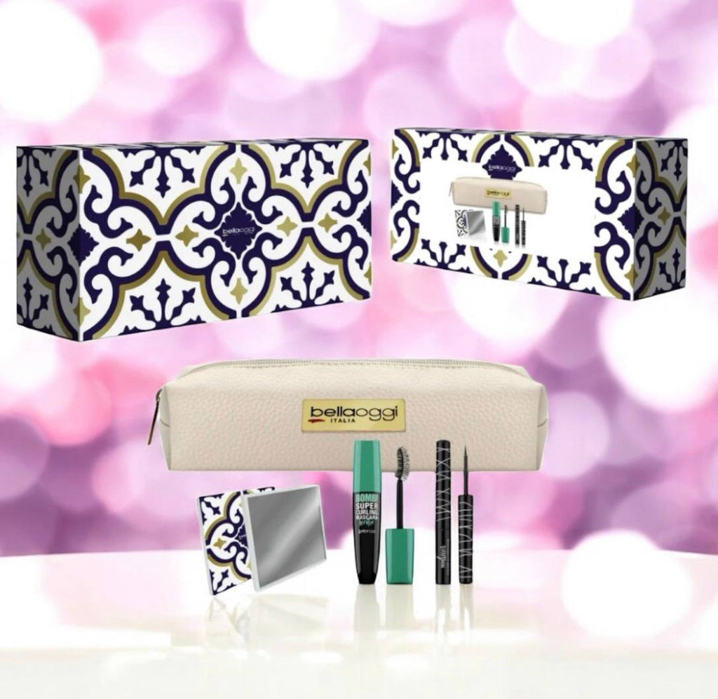cofanetto regalo Bellaoggi "Mediterranean Frames" include i seguenti articoli: Una pochette in similpelle. Uno specchietto. Il BOMB! SUPER CURLING MASCARA volumizzante e incurvante. Un TECH LINER, un eyeliner con applicatore flessibile