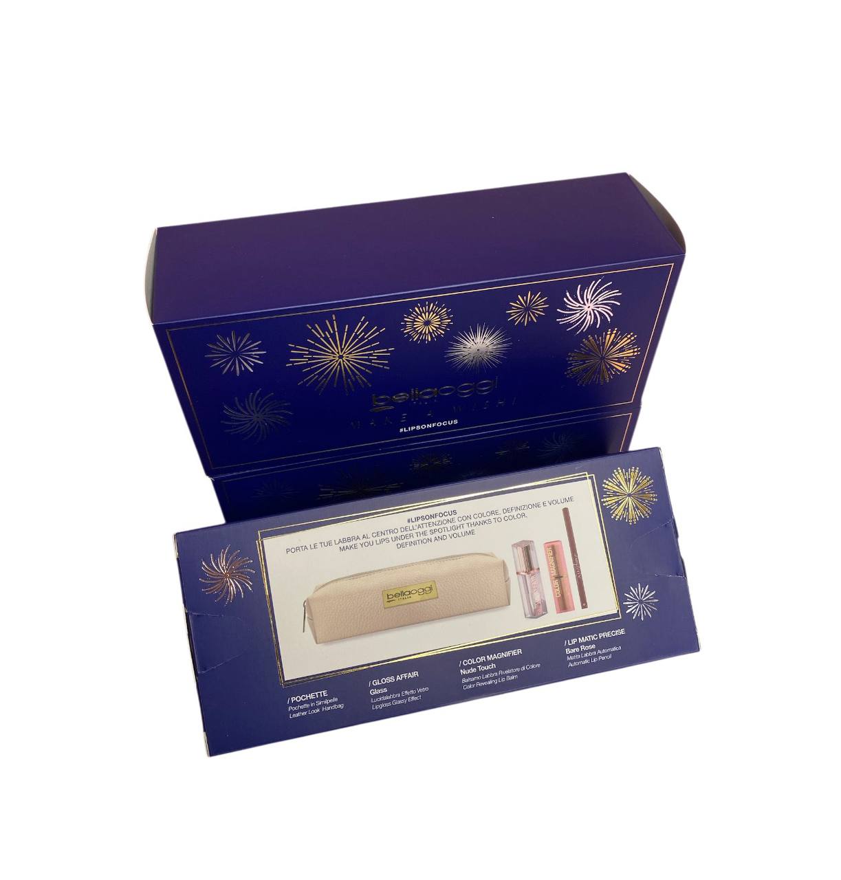 Cofanetto regalo "Make A Wish" di Bellaoggi, che include una pochette e vari prodotti per le labbra.