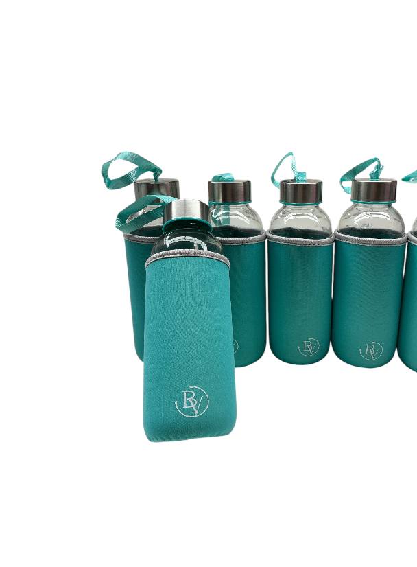 Borraccia 400 ml Bottega Verde Materiale in Vetro con Copertura in Neoprene Verde Turchese per Bevande Fresche