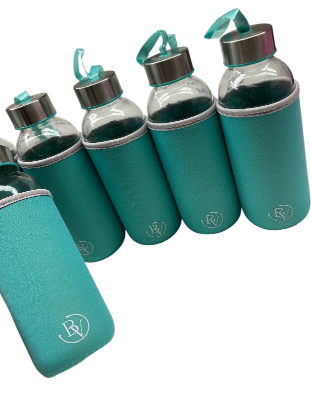 Borraccia 400 ml Bottega Verde Materiale in Vetro con Copertura in Neoprene Verde Turchese per Bevande Fresche