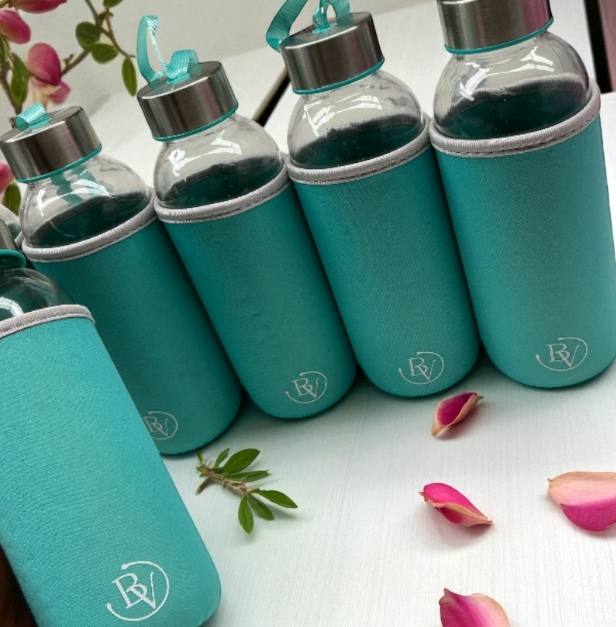 Borraccia 400 ml Bottega Verde Materiale in Vetro con Copertura in Neoprene Verde Turchese per Bevande Fresche