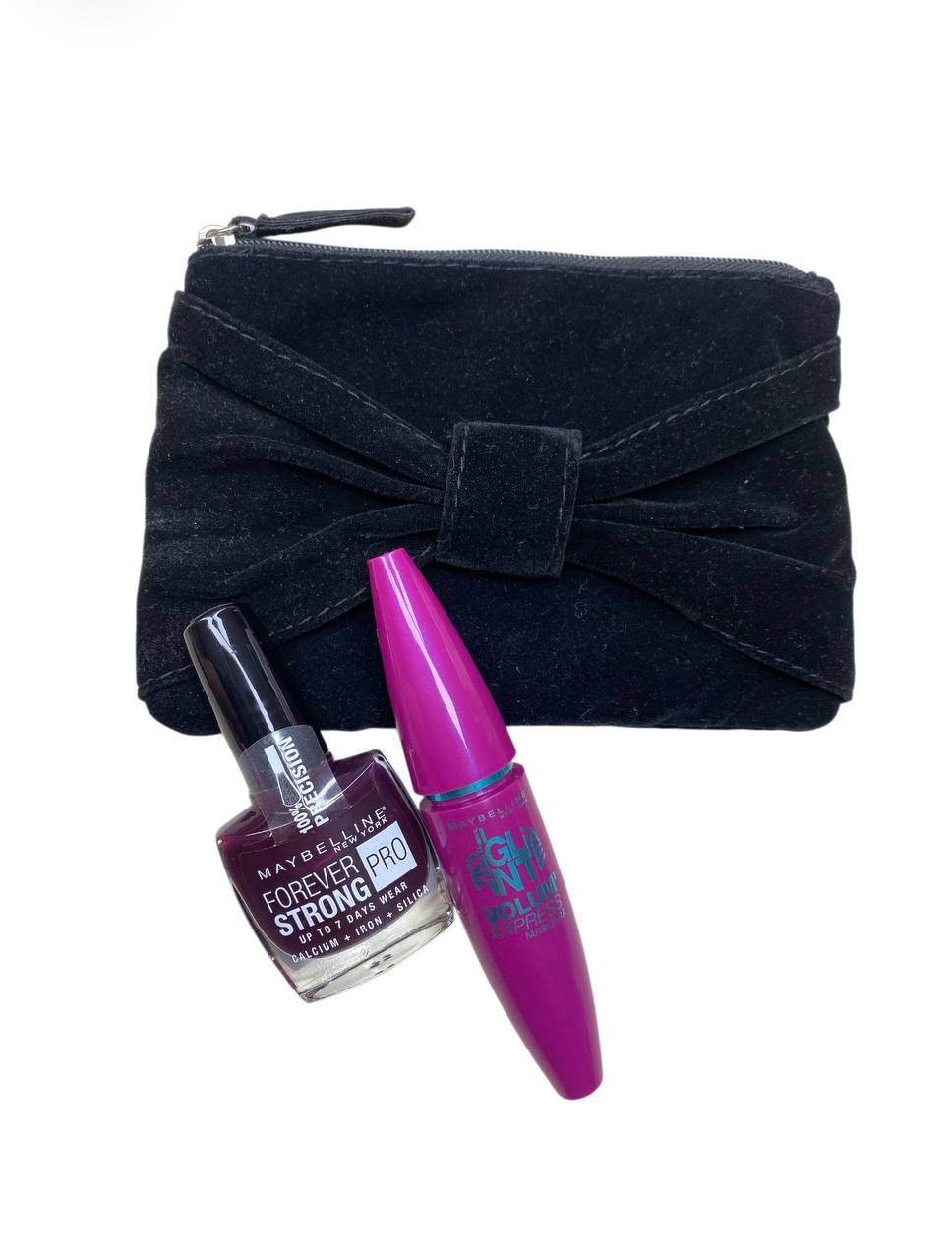 MAYBELLINE  smalto con pennello ampio e anti-gocciolamento+ mascara volume express +pochette