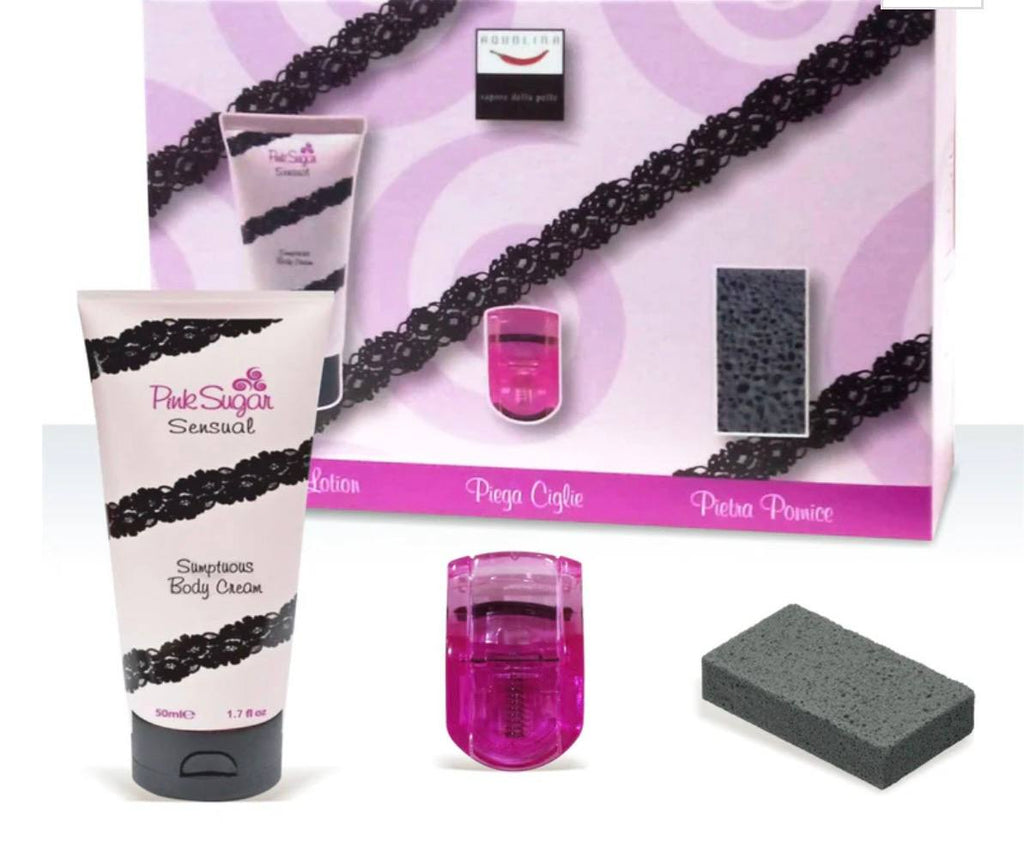 ACQUOLINA pink sugar cofanetto di lusso con crema corpo sensual 50ml-piegaciglie e pietra per bellezza e cura del corpo pomice