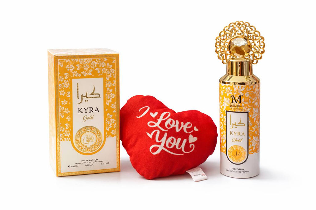 I LOVE YOU set san valentino kyra gold profumo da 100ml deodorante corpo da 200ml ed un cuore di peluche per chi ama profumi arabi dalla fragranza dolce e sensuale
