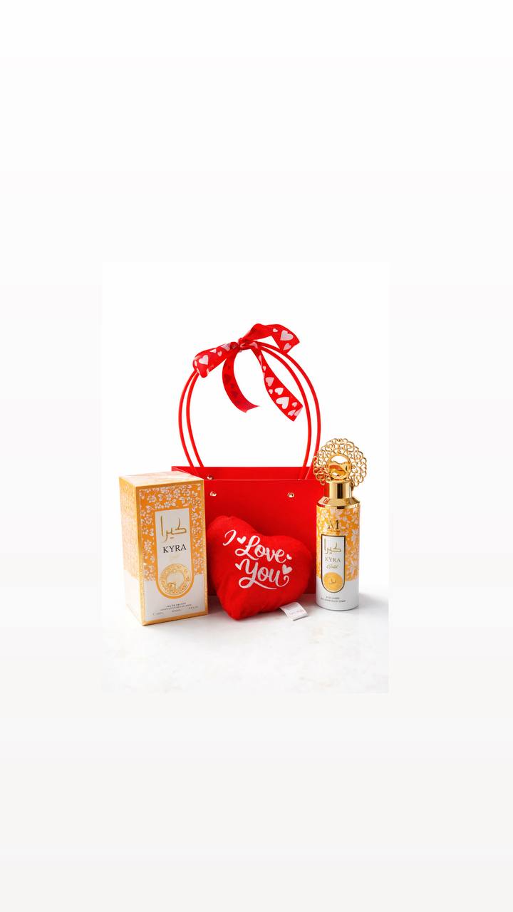 I LOVE YOU set san valentino kyra gold profumo da 100ml deodorante corpo da 200ml ed un cuore di peluche per chi ama profumi arabi dalla fragranza dolce e sensuale