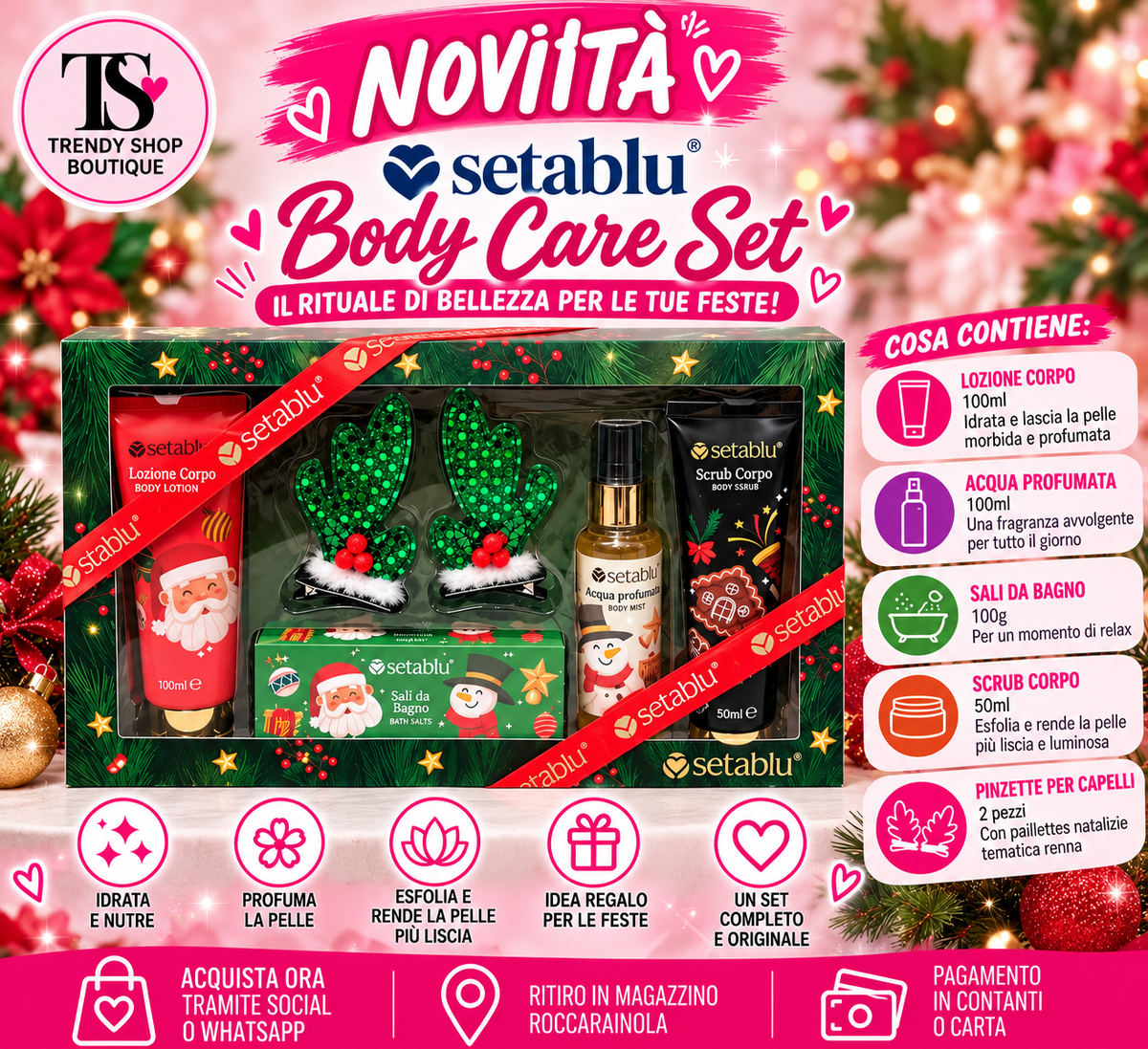 Setablu Body Care Set Natalizio – Cofanetto Regalo 5 Pezzi con Lozione Corpo, Acqua Profumata, Scrub, Sali da Bagno e Accessori Capelli