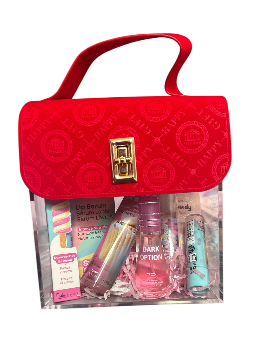 Borsa porta oggetti con 5 prodotti all interno tra acqua profumata Lip oil balsamo labbra siero labbra e profumo di 15 ml in omaggio