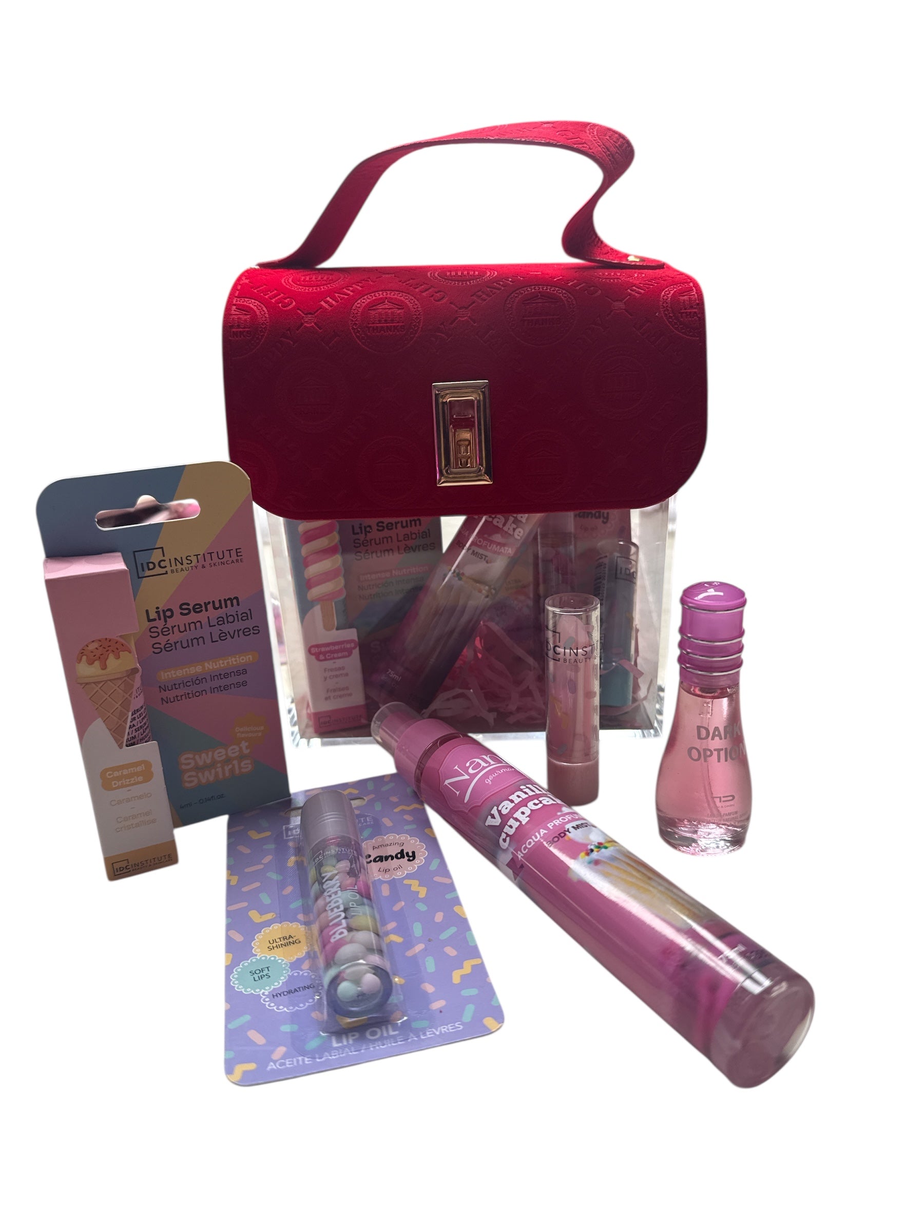 Borsa porta oggetti con 5 prodotti all interno tra acqua profumata Lip oil balsamo labbra siero labbra e profumo di 15 ml in omaggio