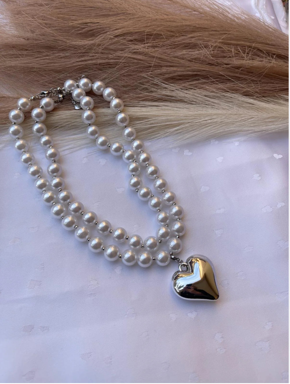 Collana perle doppia con ciondolo a moschettone forma CUORE in acciaio