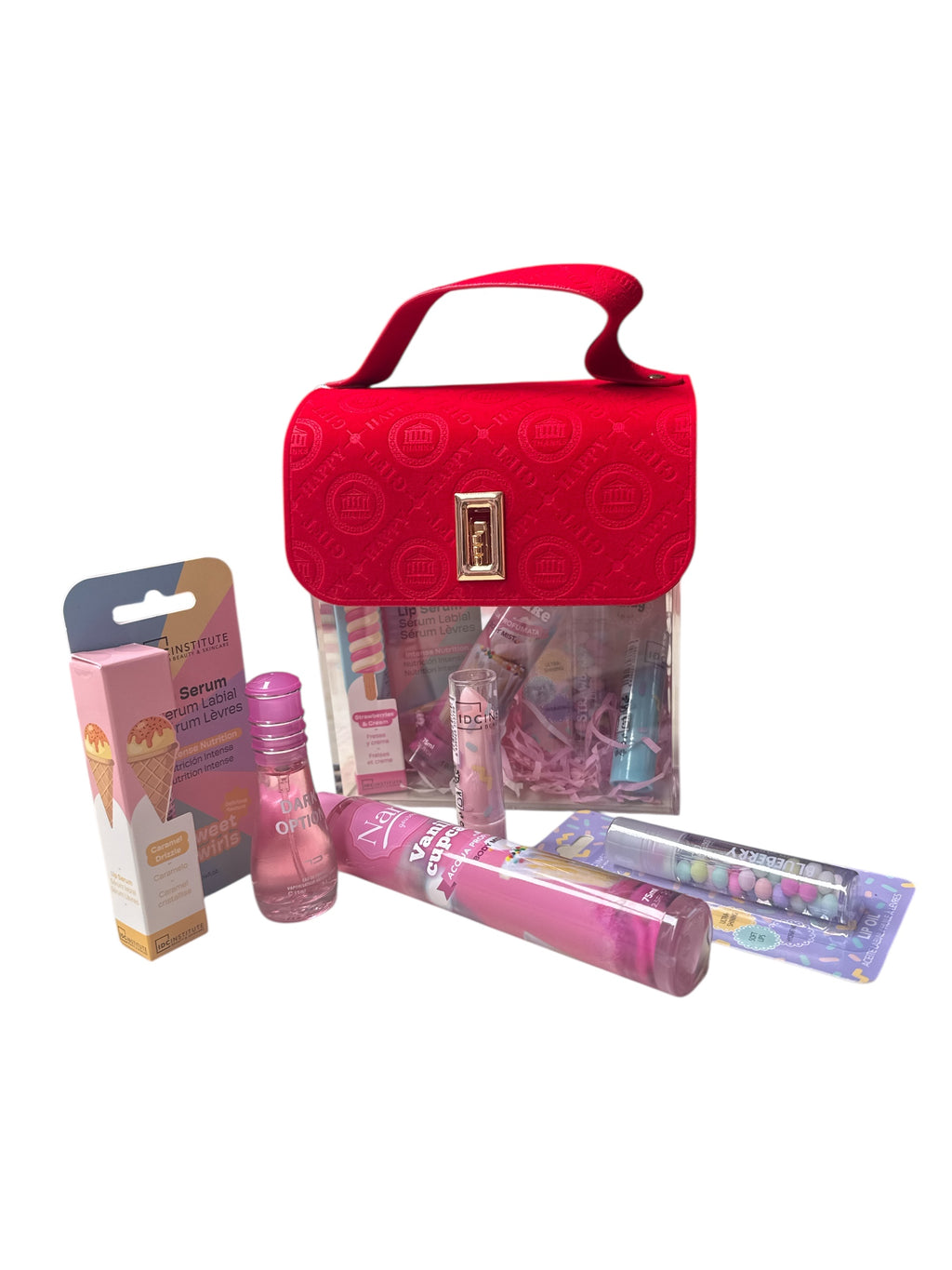 Borsa porta oggetti con 5 prodotti all interno tra acqua profumata Lip oil balsamo labbra siero labbra e profumo di 15 ml in omaggio